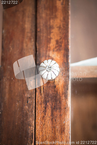 Image of Closeup of old fashioned door knob on wooden door