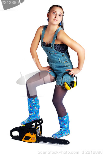 Image of Pretty girl with chainsaw