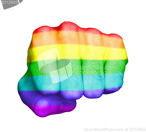 Image of Fist of a man punching, rainbow flag pattern