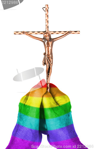 Image of Old woman with catholic crucifix, isolated, rainbow flag pattern