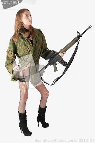 Image of Woman with gun on white