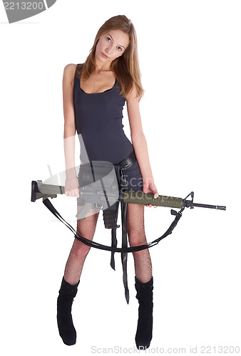 Image of Woman with gun on white