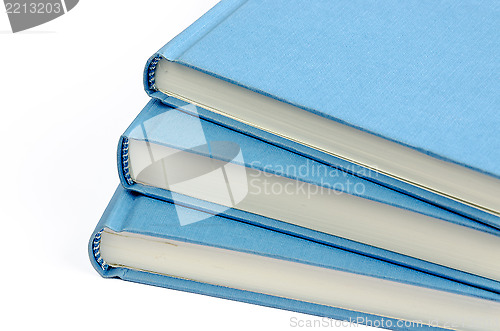 Image of A fan of three blue books on a white background