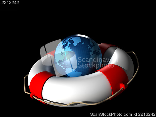 Image of Life Buoy and Earth globe on a black background 