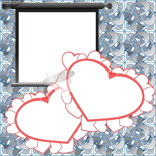Image of Red Valentine card, holiday background with photo frames, hearts and love text