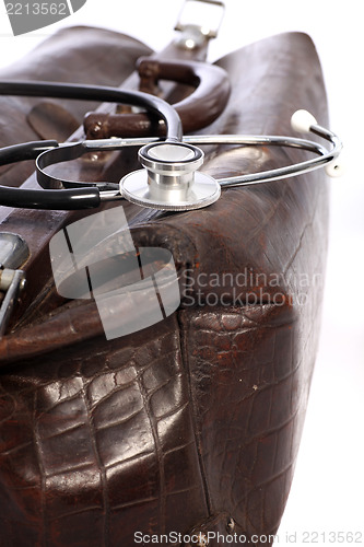 Image of Leather doctors bag and stethoscope