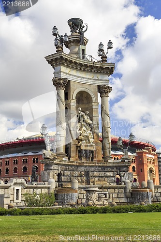 Image of monumental fountain in Plaza Spain, Barcelona