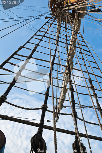 Image of Mast and rigging of an old sailing vessel 