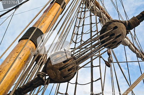 Image of Mast and rigging of an old sailing vessel 