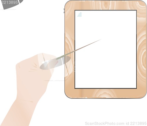 Image of Hand point on digital tablet pc wood mount isolated on white