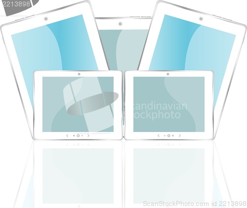 Image of white glossy tablet pc isolated on white reflective background