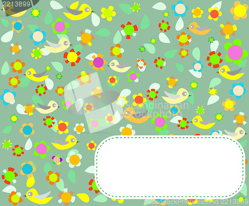 Image of greeting card design with bird and flower background