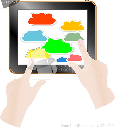 Image of Cloud computing concept. Finger touching cloud on a touch screen