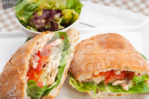 Image of ciabatta panini sandwich with chicken and tomato