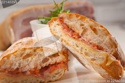 Image of ciabatta panini sandwich with parma ham and tomato