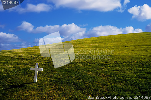 Image of Bright white cross on grassy background.