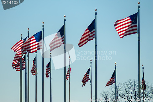 Image of dozen american flags waving in the wind