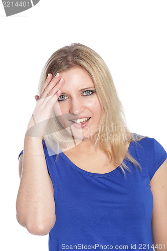 Image of Beautiful blond haired woman in a blue dress