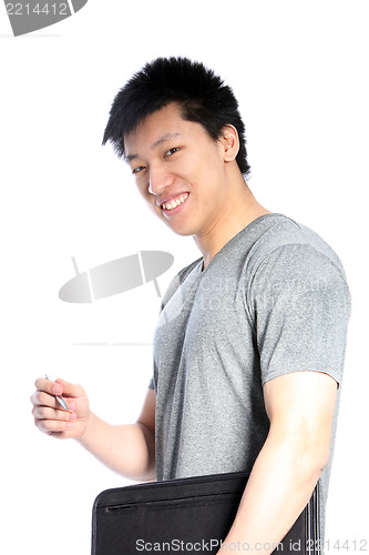 Image of Casual Asian Man with a Binder and Pen