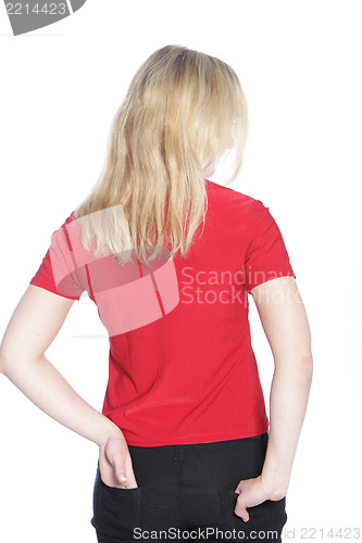 Image of Back view of a young blond woman