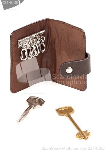 Image of Brown purse for the keys with two keys.