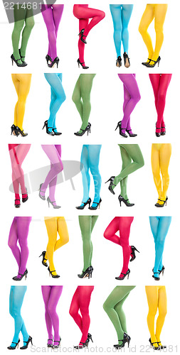 Image of Collage of shapely female legs in colorful tights.