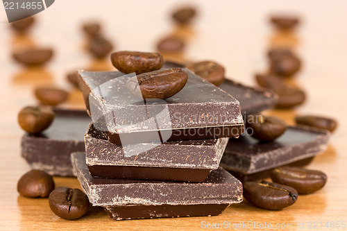 Image of Chocolate  and coffee beans on the table