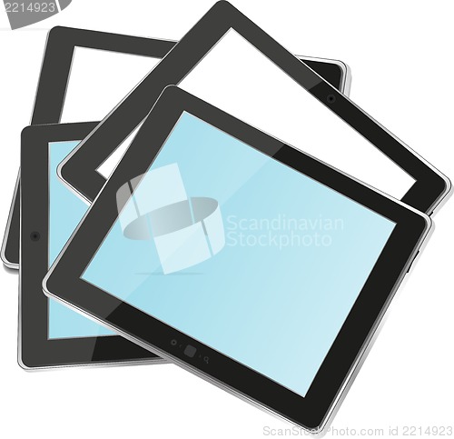 Image of different colored vertical tablet pc set with copyspace on the screen