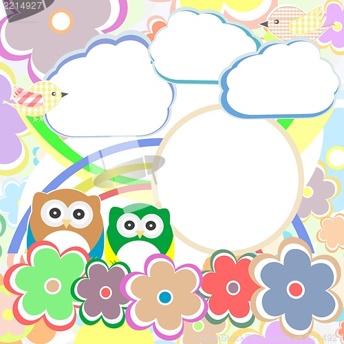 Image of Background with owl, flowers and clouds