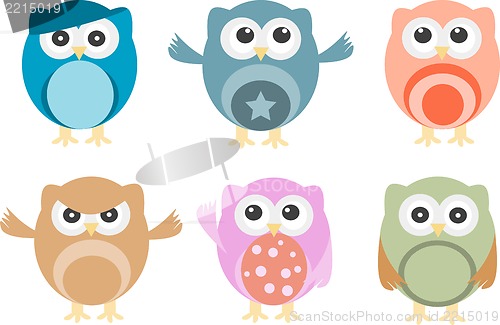Image of Set of six cartoon owls with various emotions