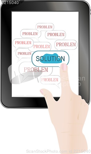 Image of male business hand pushing on solution innovation button