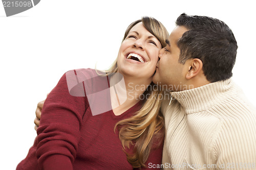 Image of Attractive Mixed Race Couple Kissing on White