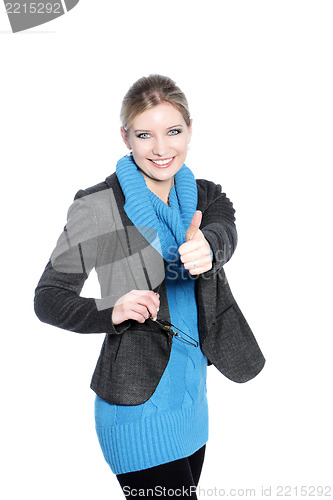 Image of Casual Blonde Woman Giving the Thumbs Up Sign