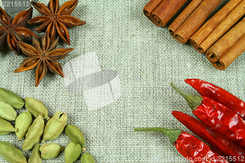 Image of Spices on flax texture