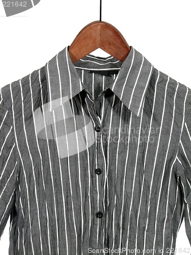 Image of Gray striped shirt on wooden hanger