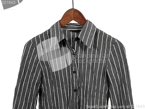 Image of Gray striped shirt on wooden hanger, isolated
