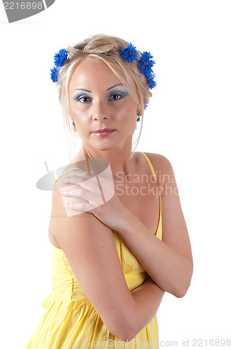 Image of Shot of beautiful woman with cornflower