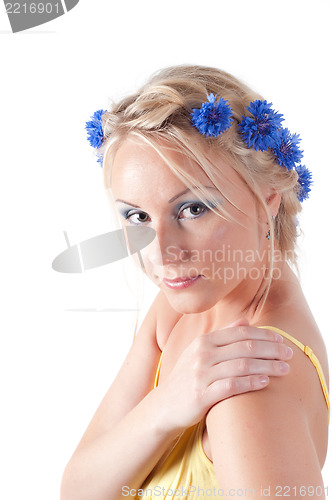 Image of Beautiful woman cornflower watching on you