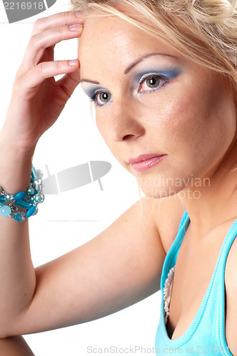 Image of Shot of beautiful woman in blue