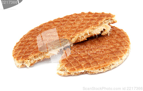 Image of Stroopwafel, Dutch caramel waffle broken in half