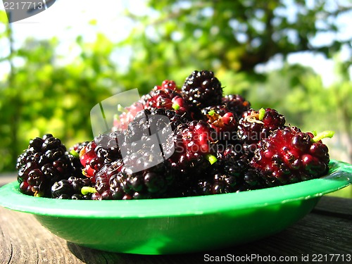Image of ripe dark berries of mulberry on a plate