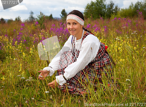 Image of Young beautiful girl collects wild flowers