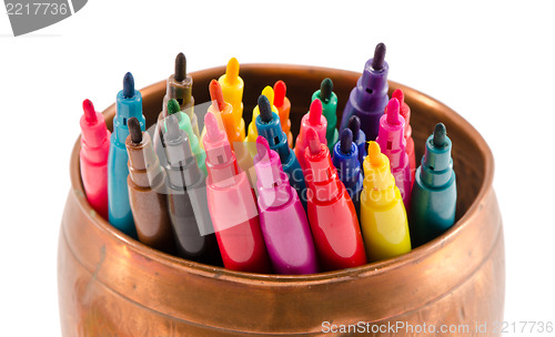 Image of colorful felt-tip pens copper bowl without caps 