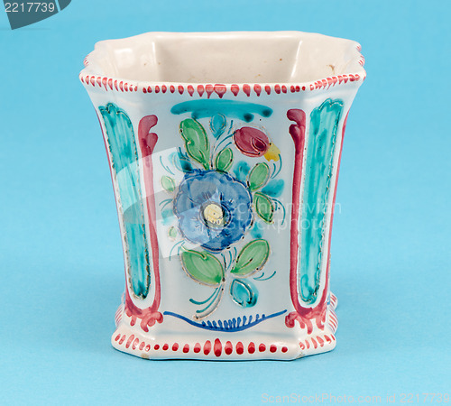 Image of colorful clay angular ceramic vase flower blue 