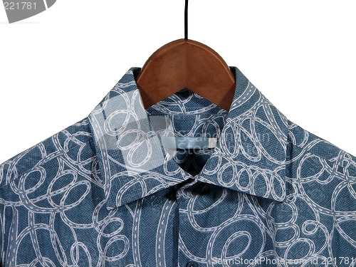 Image of Blue shirt on wooden hanger