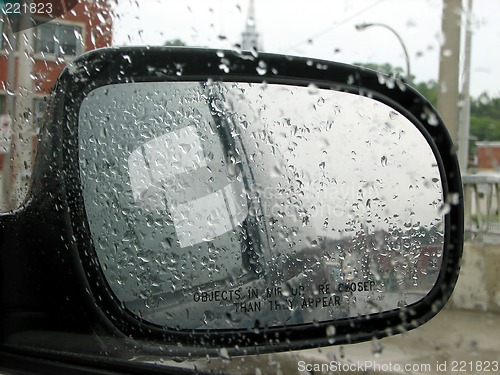 Image of Car rear mirror with raindrops