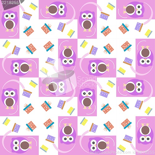 Image of cute owl card. Baby girl arrival announcement card. Seamless pink background pattern