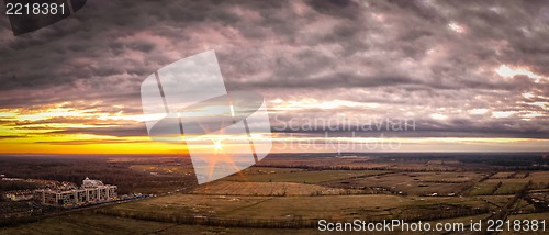 Image of Evening landscape with a yellow and the house. view from height