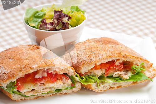 Image of ciabatta panini sandwich with chicken and tomato