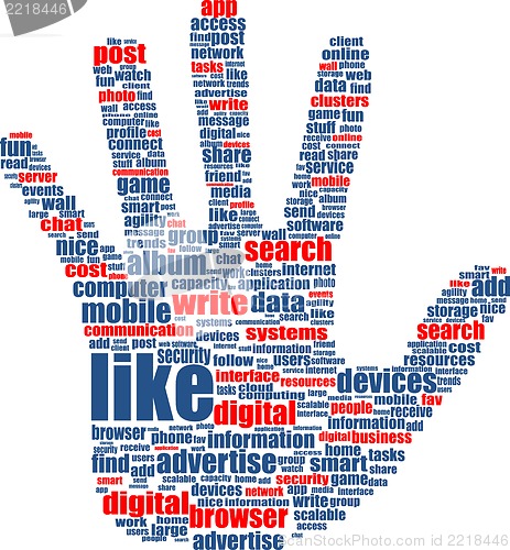 Image of Illustration of the hands, which is composed of text keywords on social media themes